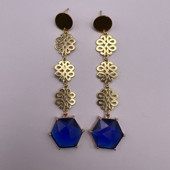 Elegant Dark Blue Dangle Statement Earrings - Long Stylish Wedding Earrings - Picture 5 of 10